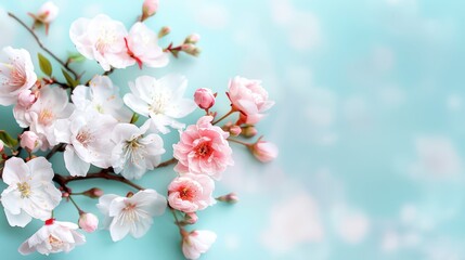 Fototapeta premium Beautiful cherry blossom flowers in delicate white and pink shades on a soft, diffused turquoise background. Perfect for spring-themed designs.