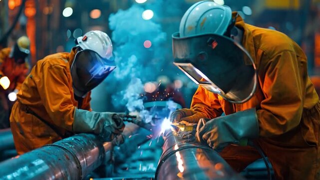 Gas pipe welding by multiple technicians on the shore.