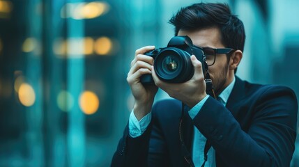 A man wearing a suit and glasses is taking a picture with a camera