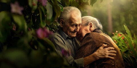 Forever Young: A tender embrace between a loving elderly couple, captured through a veil of foliage, symbolizing enduring love and the beauty of aging gracefully.  
