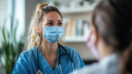 A woman in a blue scrubs is wearing a mask