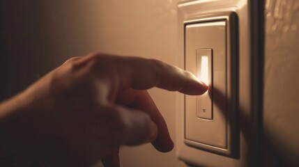 A person flips the light switch on the wall, illuminating the surrounding space