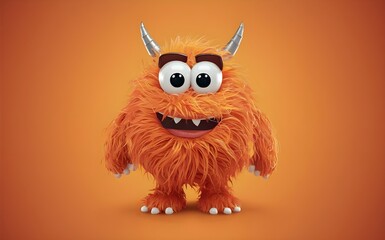 Fototapeta premium Adorable 3D cartoon character of a cute orange furry monster with big eyes and a playful expression.