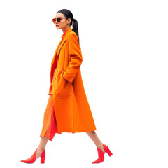 A woman in an orange coat and red shoes walks on a white background