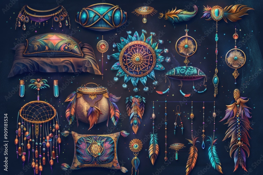 Poster collection of decorative items against a dark backdrop, perfect for highlighting unique designs or c