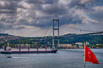 Istanbul, Bosphorus Bridge in the Ortakoy area and a view of the Asian part of the city