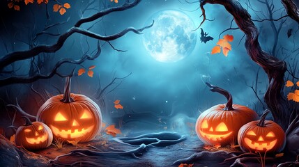 Fototapeta premium Spooky Halloween scene with pumpkins and full moon in a forest