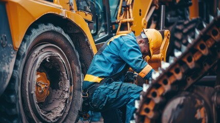 Heavy equipment mechanic repairing a bulldozer's hydraulic system at a construction site