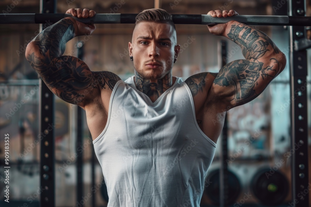 Poster a person with visible tattoos performs a pull-up exercise