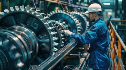 Fototapeta premium Mechanic inspecting gears and belts of a large industrial press machine