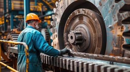 Mechanic inspecting gears and belts of a large industrial press machine