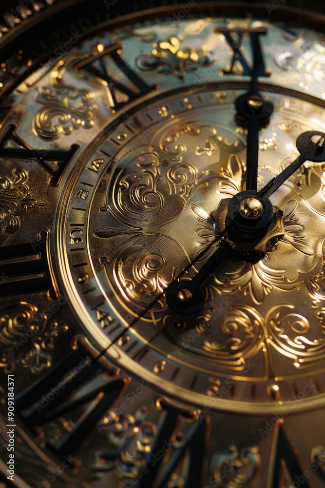 Aufkleber a detailed view of a golden clock face with intricate details, suitable for use in advertising or ed