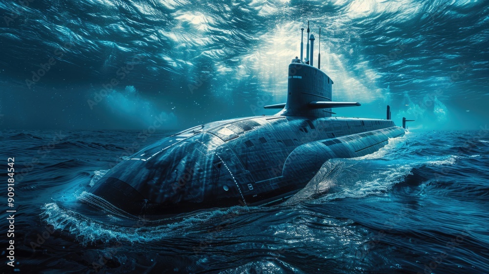 Poster A submarine cruising through calm ocean waters