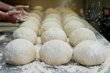 Fototapeta premium Freshly Prepared Dough for Baking. Rows of Raw Dough Balls on Floured Table in Bakery.