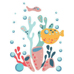 Undersea world. Abstract sea elements underwater on a white background. Picture with sea fish, jellyfish and algae. Vector label for fabric, textile, wallpaper, cards, greeting cards.