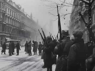 A vintage black and white photo of the Hungarian Revolution of 1956, captured in raw style.