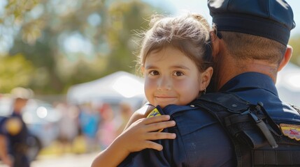 A police officer assisting a lost child at a community event, comforting them and helping reunite with parents.