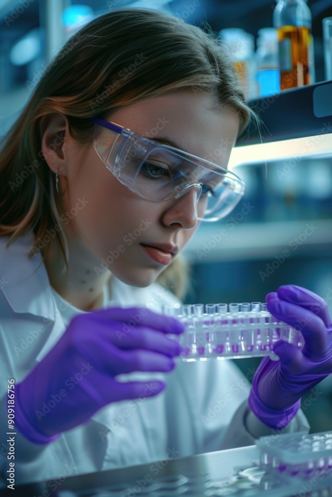 Aufkleber a scientist in a lab coat and goggles holds a tube for laboratory work or experimentation