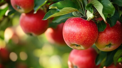 Close up of perfectly ripe, red apples hanging on the tree, ready to be picked