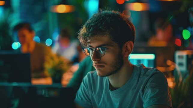 A web developer attending a coding bootcamp, participating in a hackathon with fellow developers.