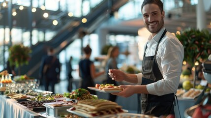 An event planner coordinating logistics with vendors and caterers for a corporate event at a convention center.