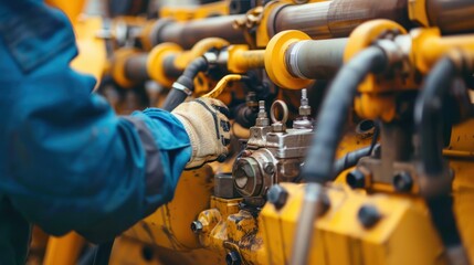 Fototapeta premium Hydraulic mechanic repairing a hydraulic pump on heavy machinery