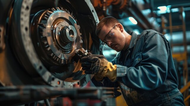 Mechanic inspecting and greasing bearings on industrial equipment