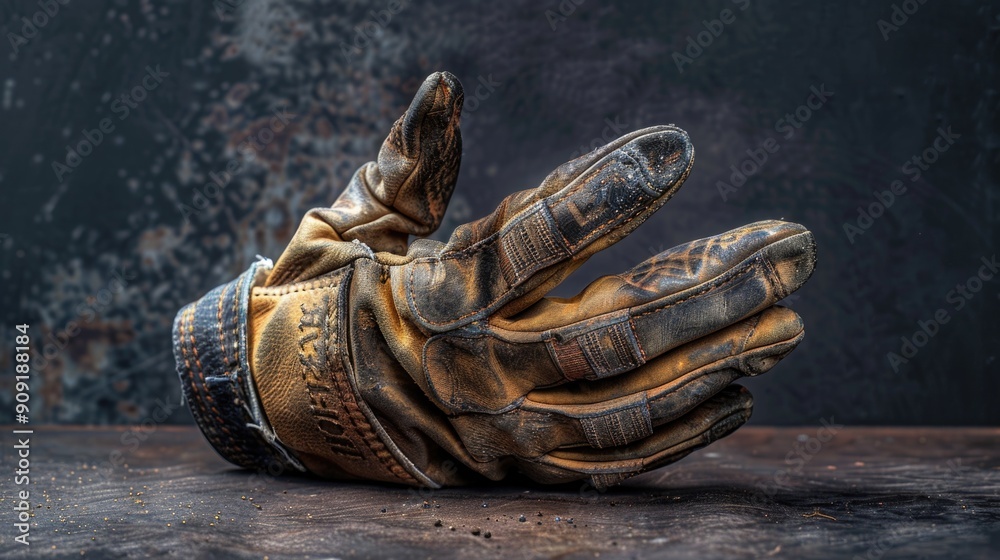 Poster A close-up shot of a grimy glove resting on a wooden surface, perfect for use in scenes where texture and realism are important