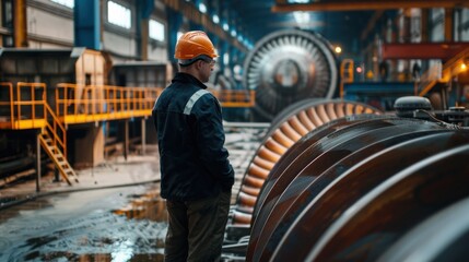 Power plant mechanic inspecting turbine blades in a steam power plant