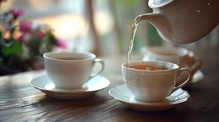 Fototapeta premium Pouring hot english tea into white ceramic tea cup