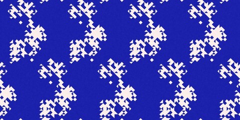 Faded electric blue glitch geo washed effect seamless border. Indigo dye grungy blotched distress abstract banner texture repeat