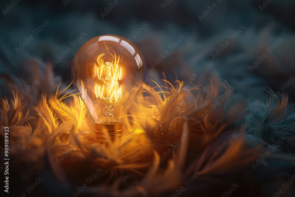 Poster a light bulb sits on top of a pile of soft feathers