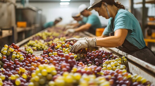 Workers meticulously sorting grapes on a large table, ensuring only the best quality fruit is selected
