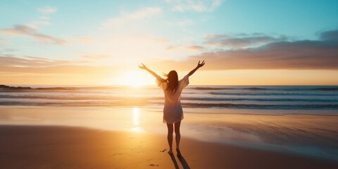 Golden Hour Gratitude: A woman in white embraces the radiant sunset on a serene beach, her silhouette a testament to tranquility and freedom. 