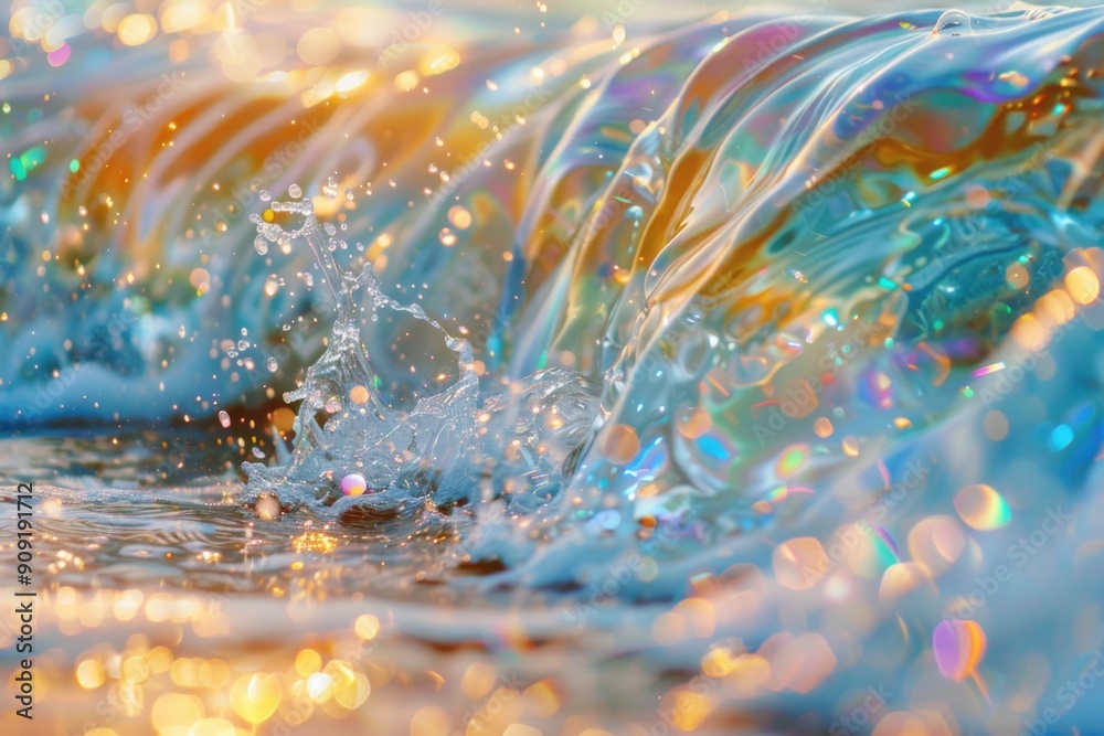 Poster close-up shot of a wave crashing into the ocean with foam and water droplets