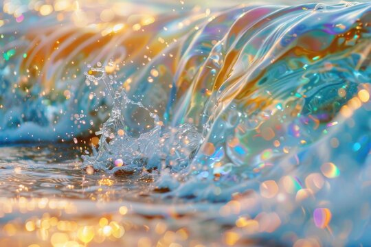 Close-up shot of a wave crashing into the ocean with foam and water droplets
