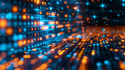 Obraz premium Abstract digital data flow with glowing binary code and bokeh lights