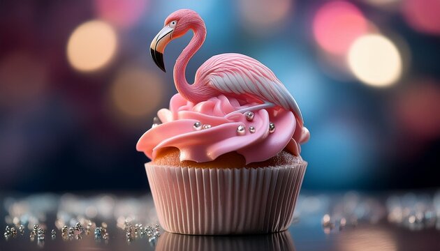 A cupcake topped with an intricate flamingo design made from frosting, against a smooth, sof 