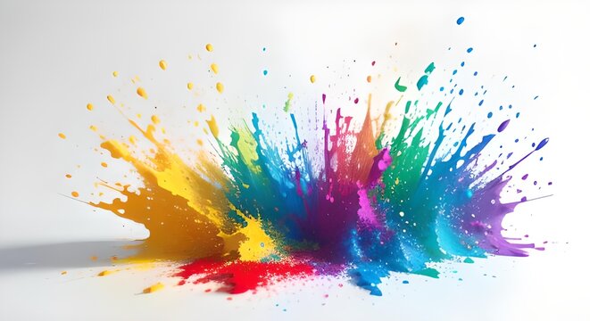 3D &eacute;claboussures peinture explosion color&eacute; multicolore arc-en-ciel sur fond blanc.