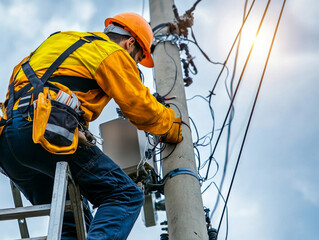 A man in a yellow shirt and orange hat is working on a power line