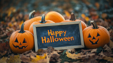 Halloween pumpkins and text "Happy Halloween" on chalkboard sign, holly leaves in background, fall concept, orange color tone, 