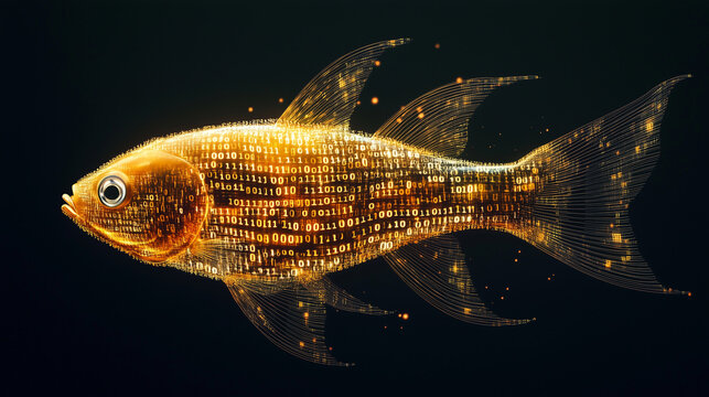 A golden fish made of binary code floats in the air against a black background in a full body shot studio photography