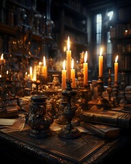 Candles and books on the table in the church. High quality photo