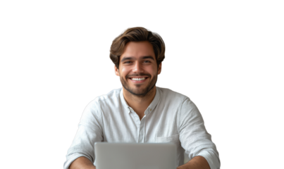 Confident smiling young man working on laptop