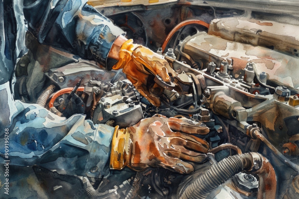 Poster A person working on the engine of an automobile, with tools and parts scattered around