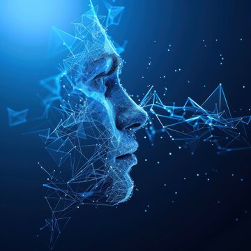 A detailed human face in low poly wireframe, emerging from a dark blue background