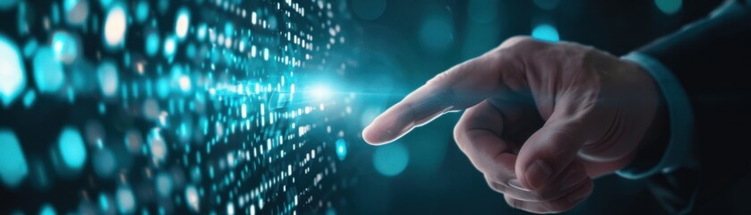 A digital hologram of AI data projections seen through a businessman s virtual touch screen interaction