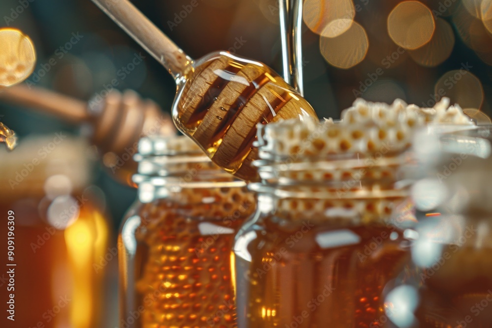 Poster a jar of honey with a wooden stick stuck in it
