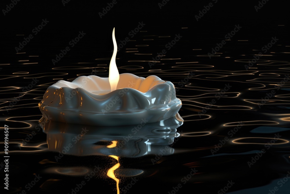 Poster a single lit candle floating on the surface of calm water