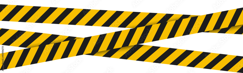 Wall mural сrossed police warning tape with yellow and black stripes, stretched caution ribbon, police line do 